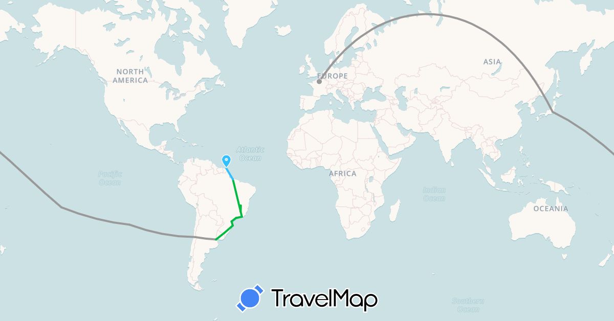 TravelMap itinerary: driving, bus, plane, boat in Argentina, Brazil, Chile, France, French Guiana, Japan, French Polynesia (Asia, Europe, Oceania, South America)